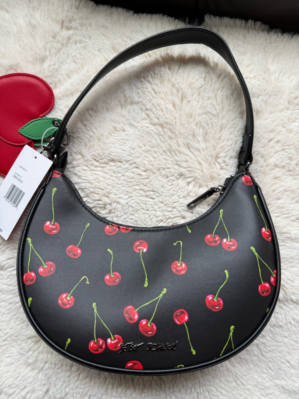 Betsey Johnson NWT Cherry Print Black Shoulder Bag with Red Heart Charm - Picture 3 of 3